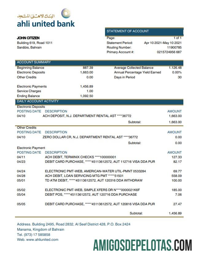 Exemplo de extrato bancário Bahrain Ahli United